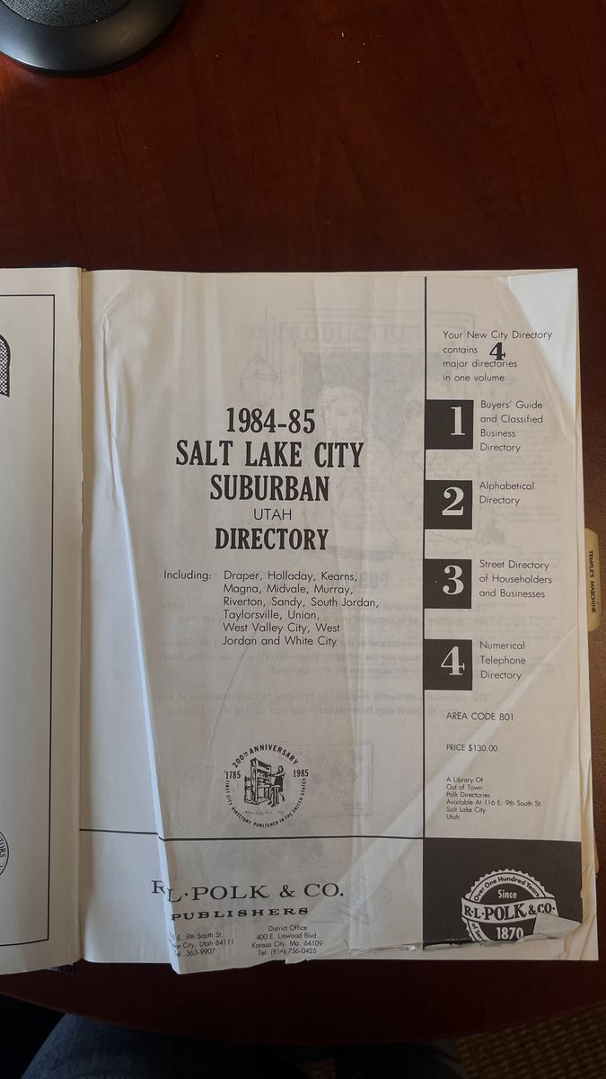 Salt Lake City Suburban Directory, 1984-1985