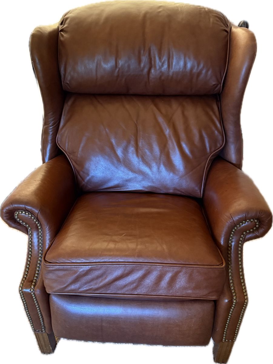 Brown Leather Wingback Recliner - Nailhead Trim & Rolled Arms