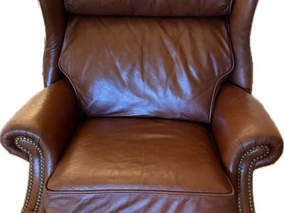 Brown Leather Wingback Recliner - Nailhead Trim & Rolled Arms