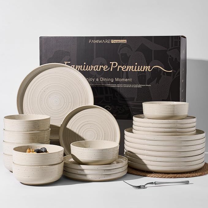 24-Piece Reactive Glaze Stoneware Dinnerware Sets for 8 - Coupe Plates & Bowls with Speckles & Spirals -  Shell Beige