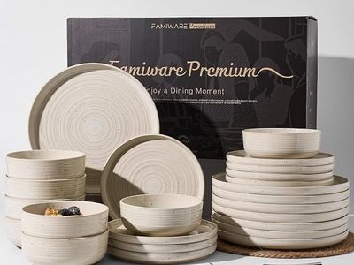 24-Piece Reactive Glaze Stoneware Dinnerware Sets for 8 - Coupe Plates & Bowls with Speckles & Spirals - Shell Beige
