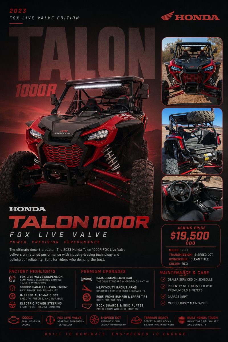 2023 Honda Talon 1000R FOX Live Valve - SXS - Side by Side / ATV – LOW MILES - LIKE NEW