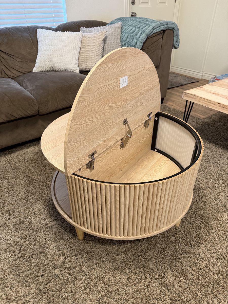 Round Lift-Top Storage Coffee Table - Modern Wood (New, Assembled)