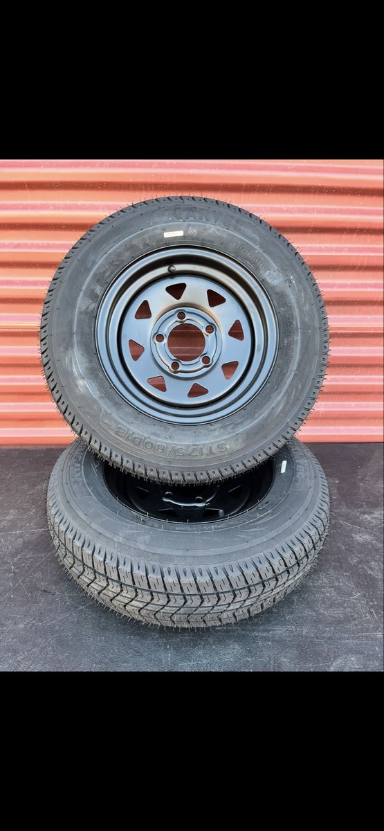 New Set of 2 Garvee ST 175/80 D 13 Trailer Tires Mounted on New Flat Black Spoke Wheels 5 on 4.5 Brand New