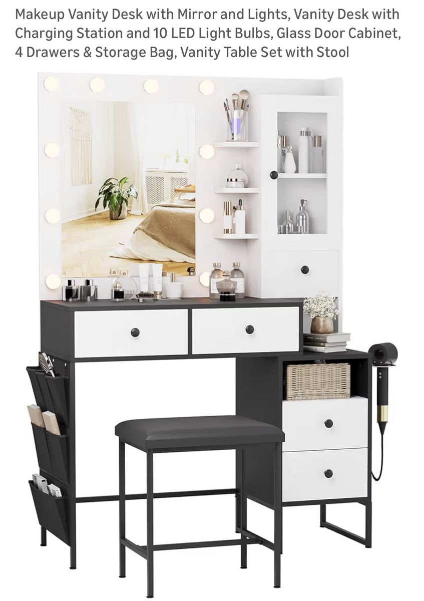NEW Black & White Makeup Vanity Desk with Mirror, Lights & Stool