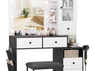 NEW Black & White Makeup Vanity Desk with Mirror, Lights & Stool