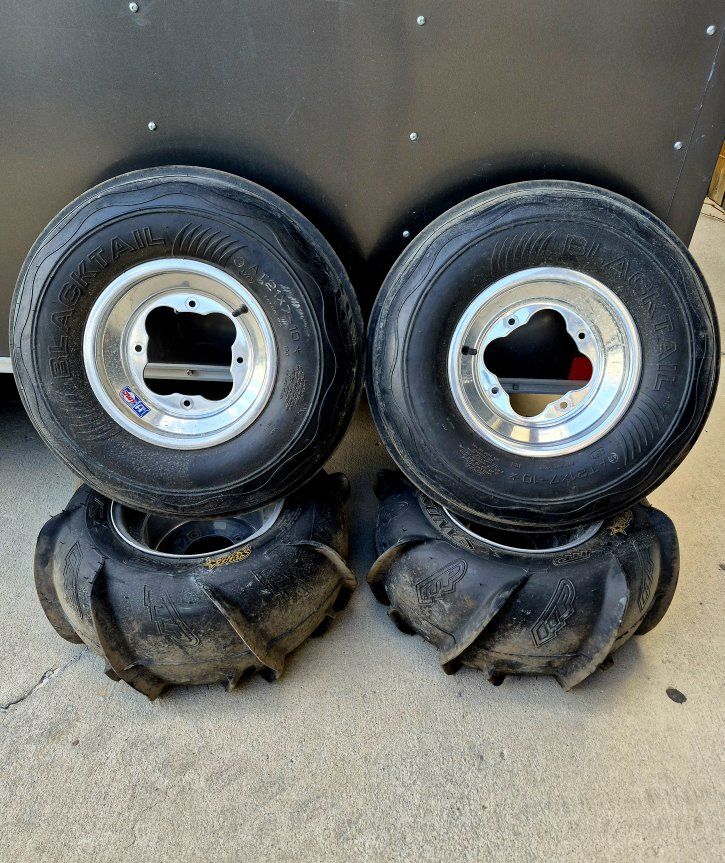 Quad ATV Sand Dune Paddle Tires on Aluminum Rims - Front Blacktail, Rear OMF GP
