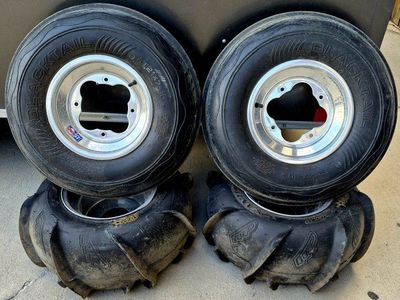 Quad ATV Sand Dune Paddle Tires on Aluminum Rims - Front Blacktail, Rear OMF GP