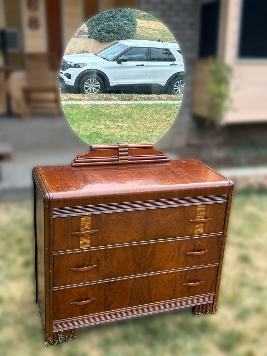 Vintage Art Deco Waterfall Dresser with Round Mirror