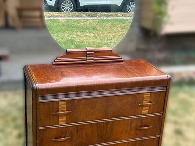 Vintage Art Deco Waterfall Dresser with Round Mirror