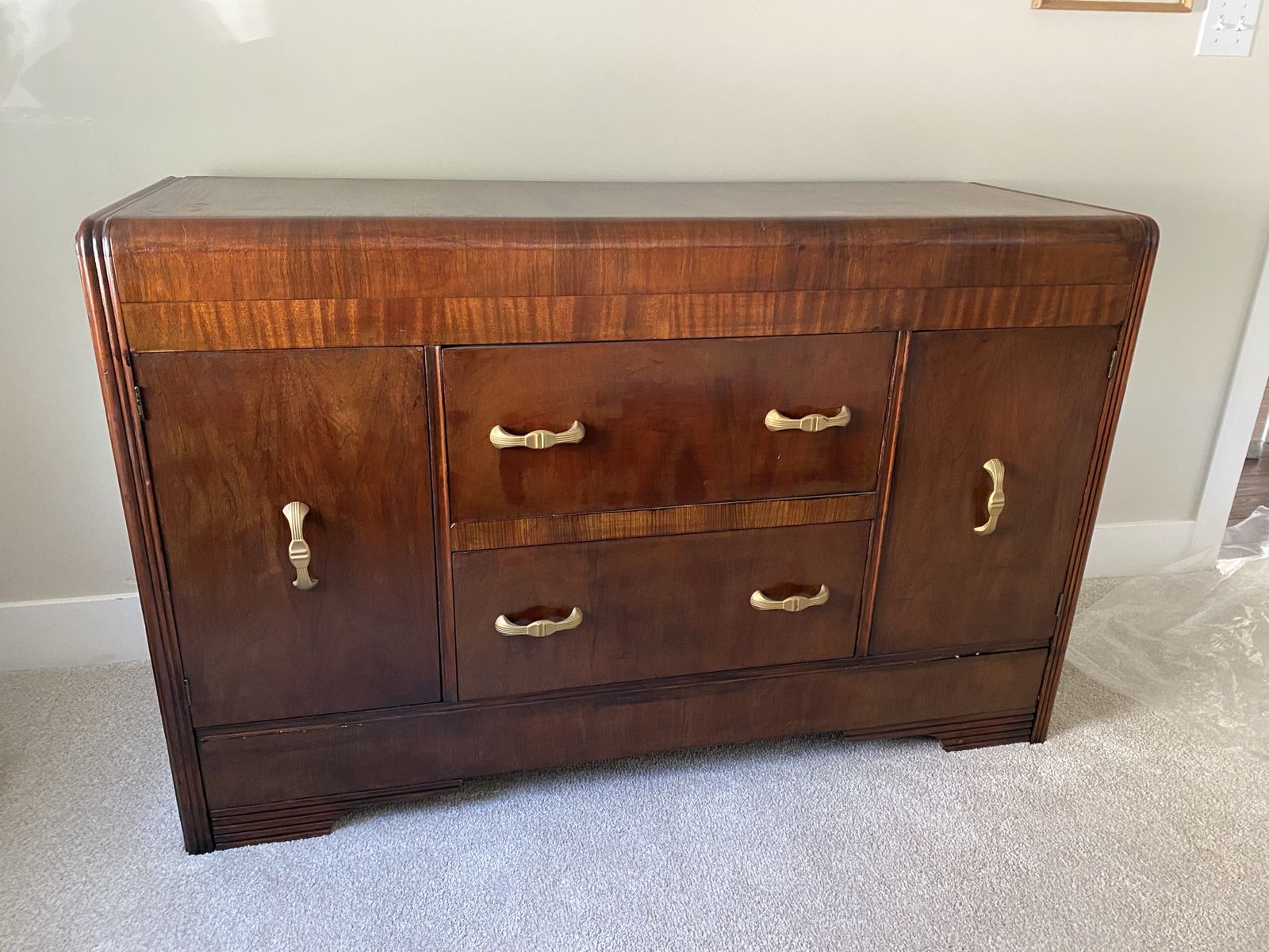 Vintage Art Deco Waterfall Buffet / Sideboard – Original Hardware