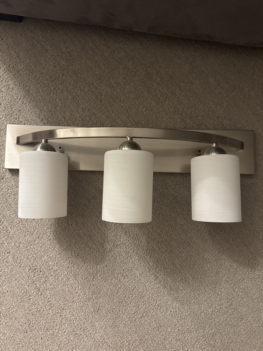 Brushed Nickel 3-Light Vanity Fixture with White Cylinder Shades and Ecosmart LED Bulbs