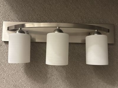 Brushed Nickel 3-Light Vanity Fixture with White Cylinder Shades and Ecosmart LED Bulbs