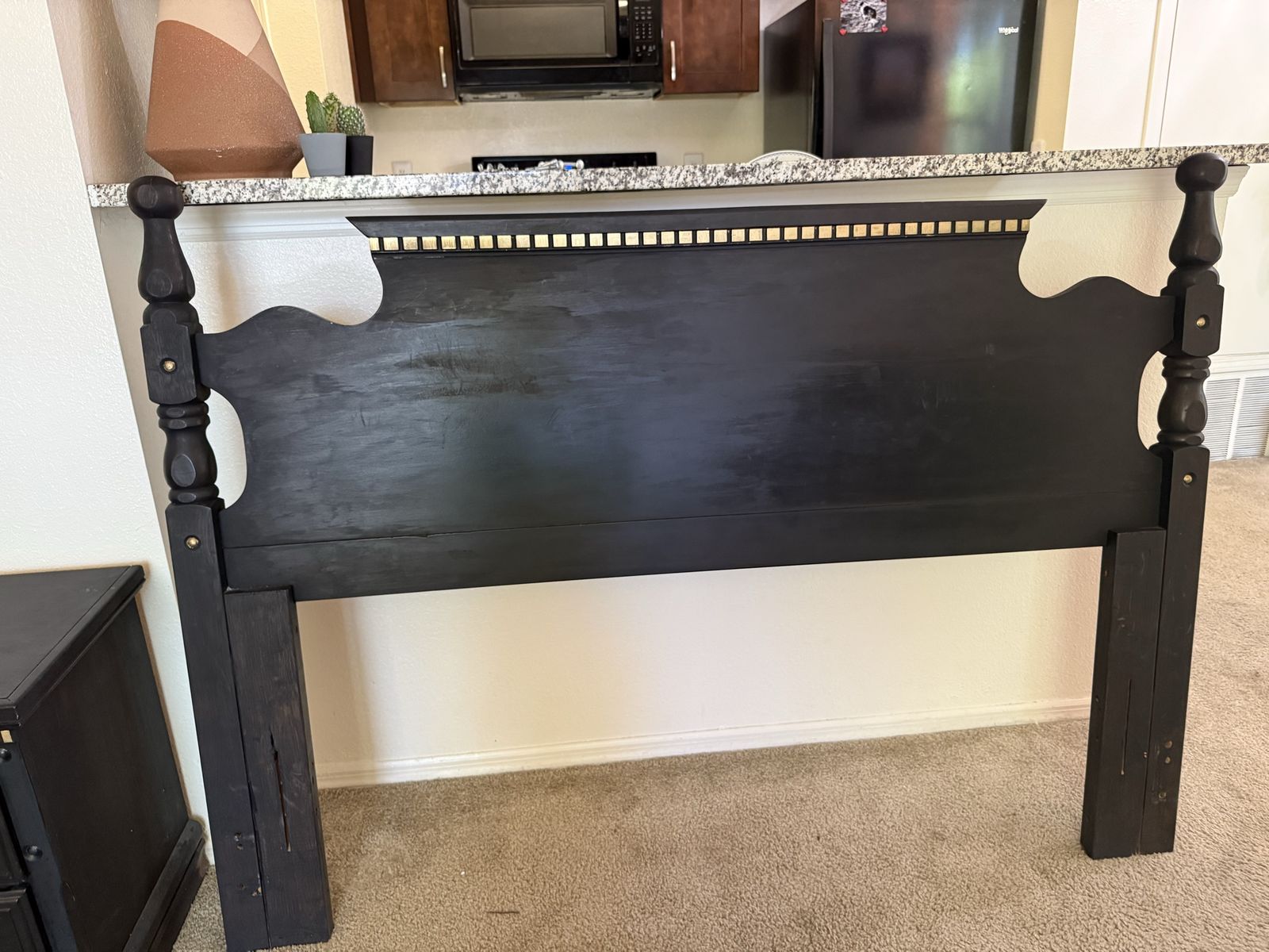 Black Wooden Headboard Queen Size with Gold Accents
