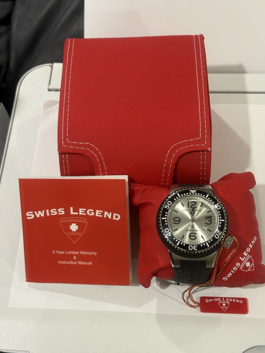 Swiss Legend Neptune Men's Quartz Watch Silver Dial Black Bezel with Box and Manual