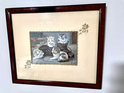CAT KITTEN ART - 2 ADORABLE PIECES - FRAMED, MATTED, SIGNED, 14x12 - $80 Both