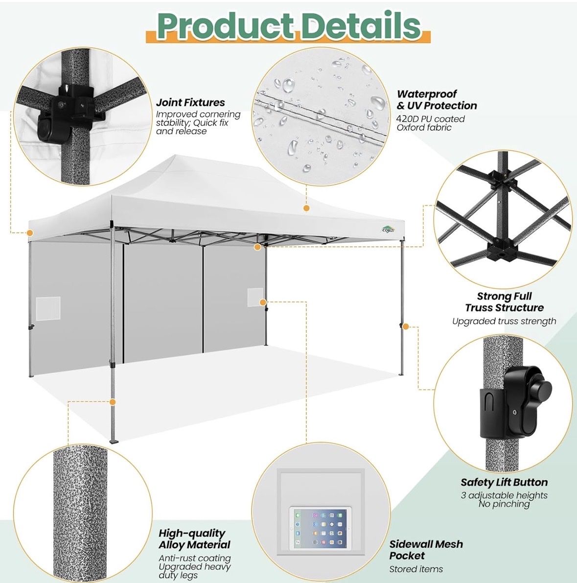 COBIZI 10x15 FT Pop-Up Canopy Tent with 4 Removable Sidewalls, Waterproof & UV Protection. Excellent condition.