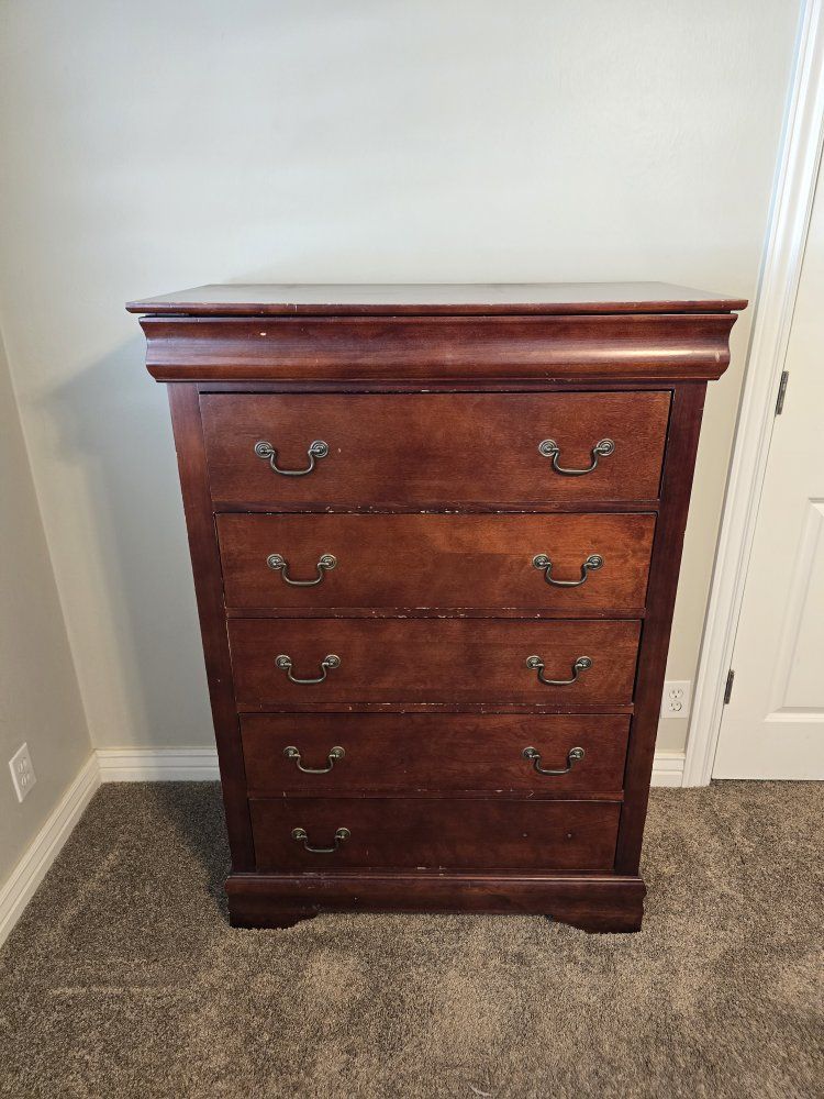 Dark Wood Dresser & Matching Tall Chest - 6 Drawer Dresser, 5 Drawer Chest 10 dollars each or best offer.