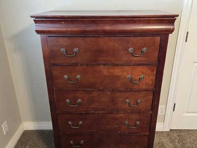 Dark Wood Dresser & Matching Tall Chest - 6 Drawer Dresser, 5 Drawer Chest 10 dollars each or best offer.