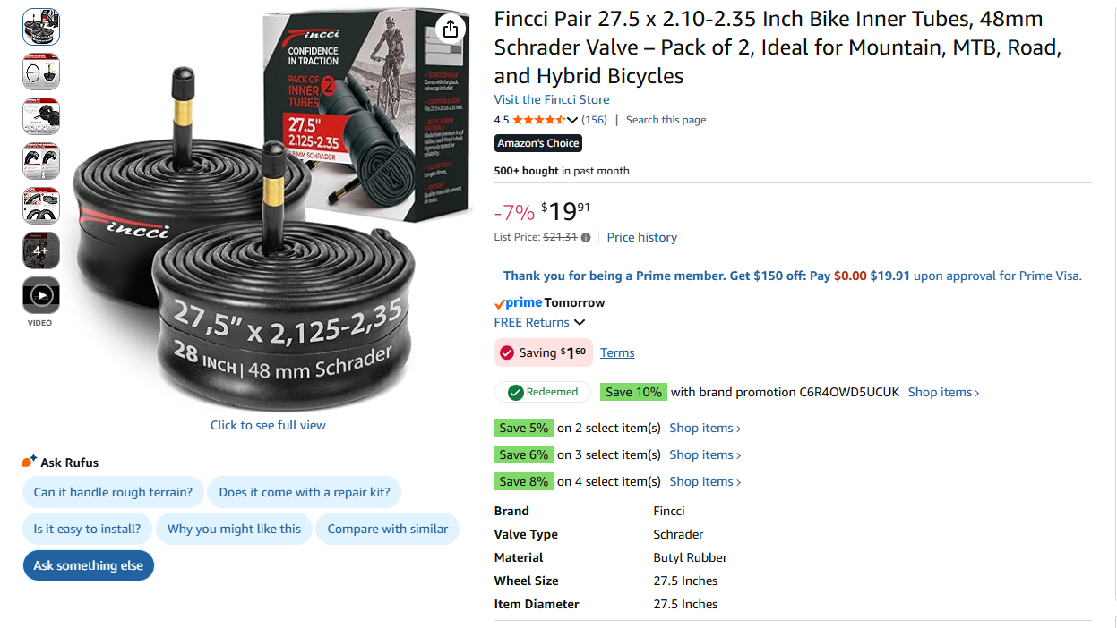 27.5" x 2.10-2.35 Inch Bike Inner Tubes, 48mm Schrader Valve – Pack of 2