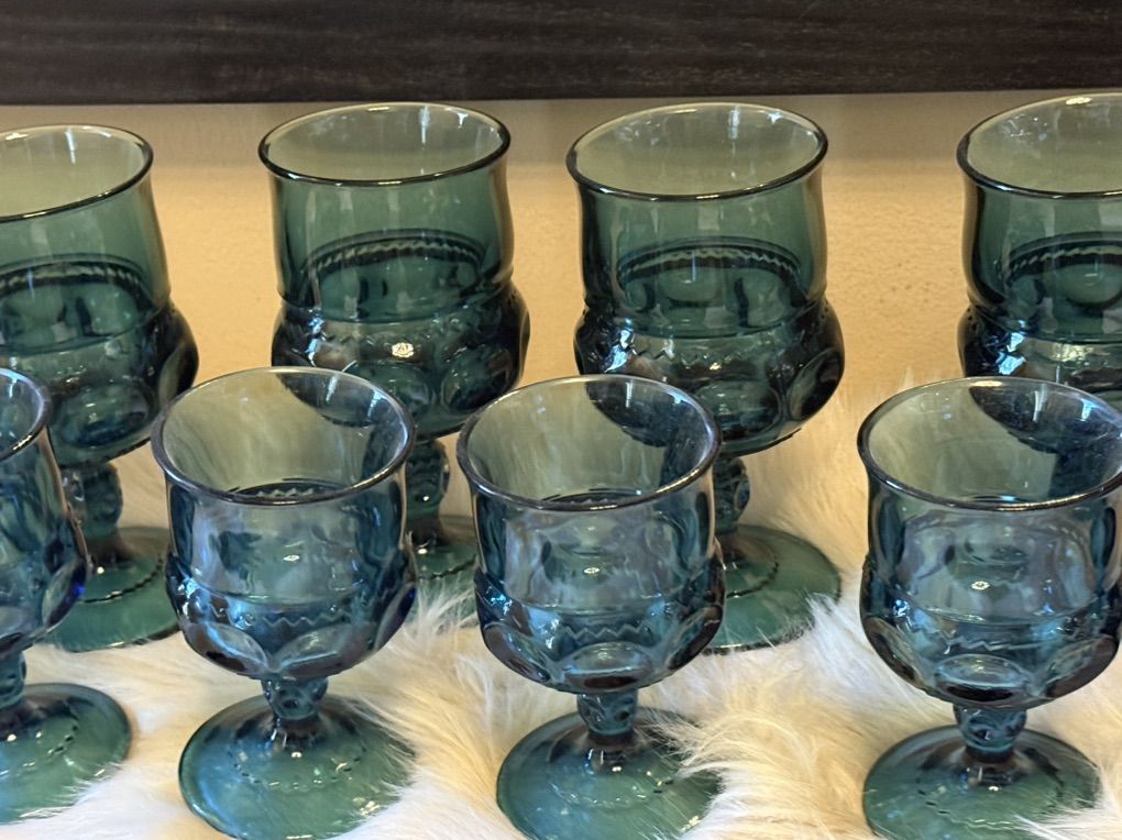 Vintage Indiana Glass Blue Kings Goblets Set Of 9