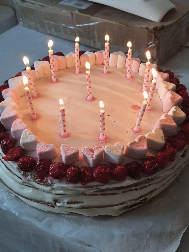 Delicious Homemade Birthday Cake with Marshmallows and Cherries - Perfect for Any Celebration!