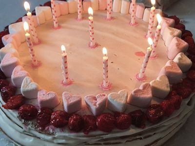 Delicious Homemade Birthday Cake with Marshmallows and Cherries - Perfect for Any Celebration!