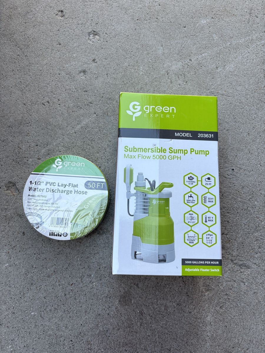 Brand new in packages Green Expert 1.5HP submersible sump pump with 50 ft water discharge hose $150