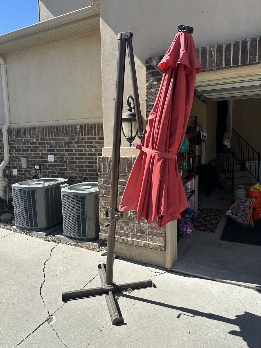 Patio Umbrella with Base - Coral/Red Offset Cantilever Style