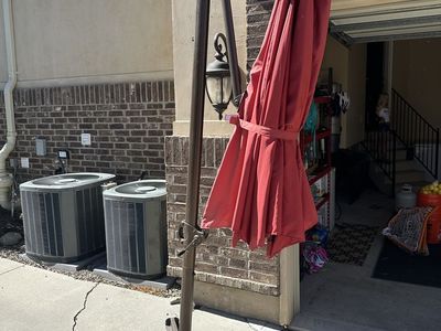 Patio Umbrella with Base - Coral/Red Offset Cantilever Style