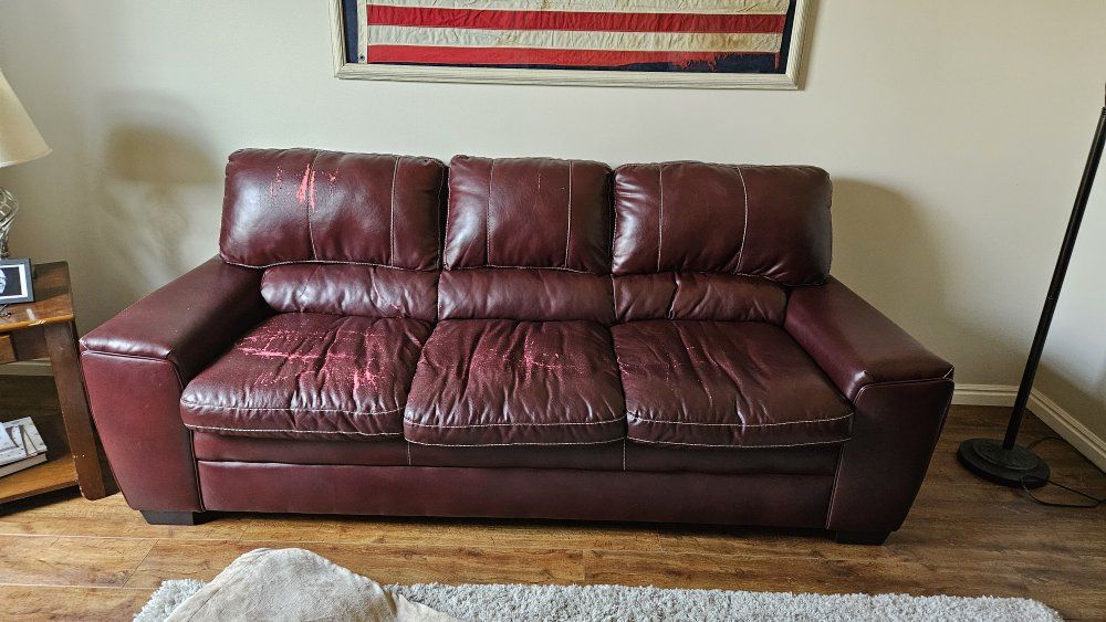 FREE Red Leather Sofa and Armchair Set - Used, with Wear and Tear