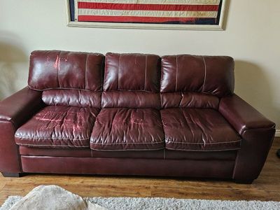 FREE Red Leather Sofa and Armchair Set - Used, with Wear and Tear