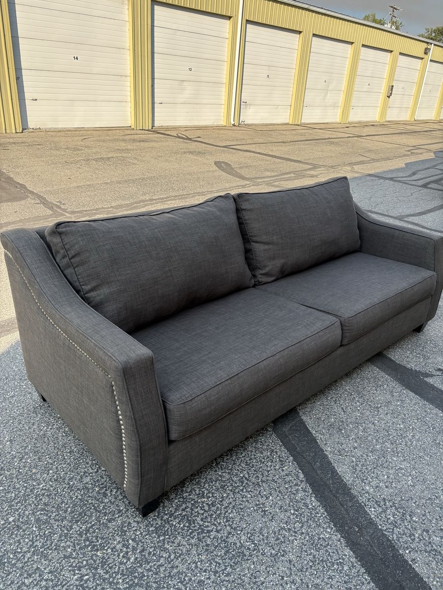 Dark Gray Fabric Long Sofa Couch with Nailhead Trim - Free Local Delivery