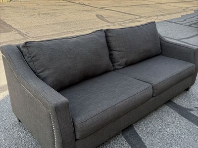 Dark Gray Fabric Long Sofa Couch with Nailhead Trim - Free Local Delivery