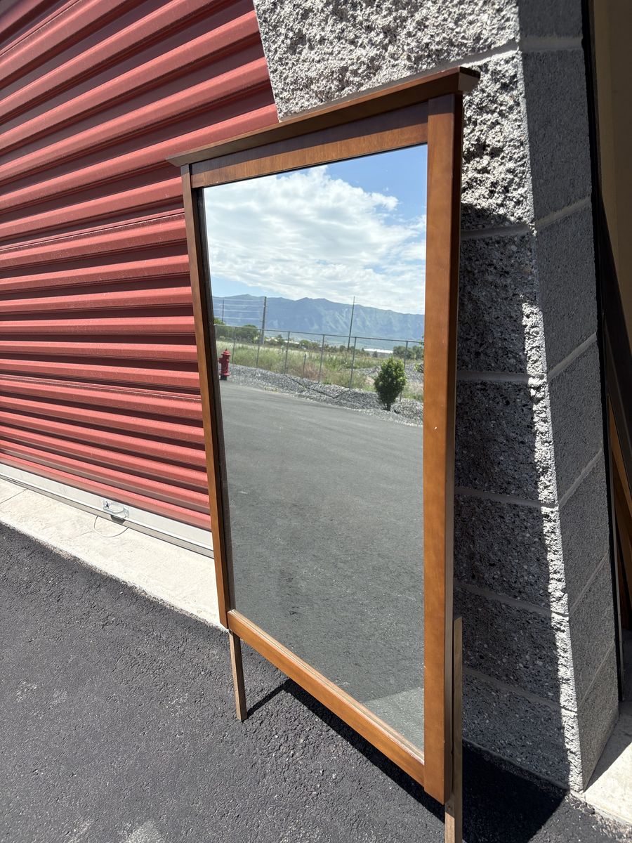 Large Mid Century Modern wooden wall mirror. Can be used on a dresser too.  Vintage MCM