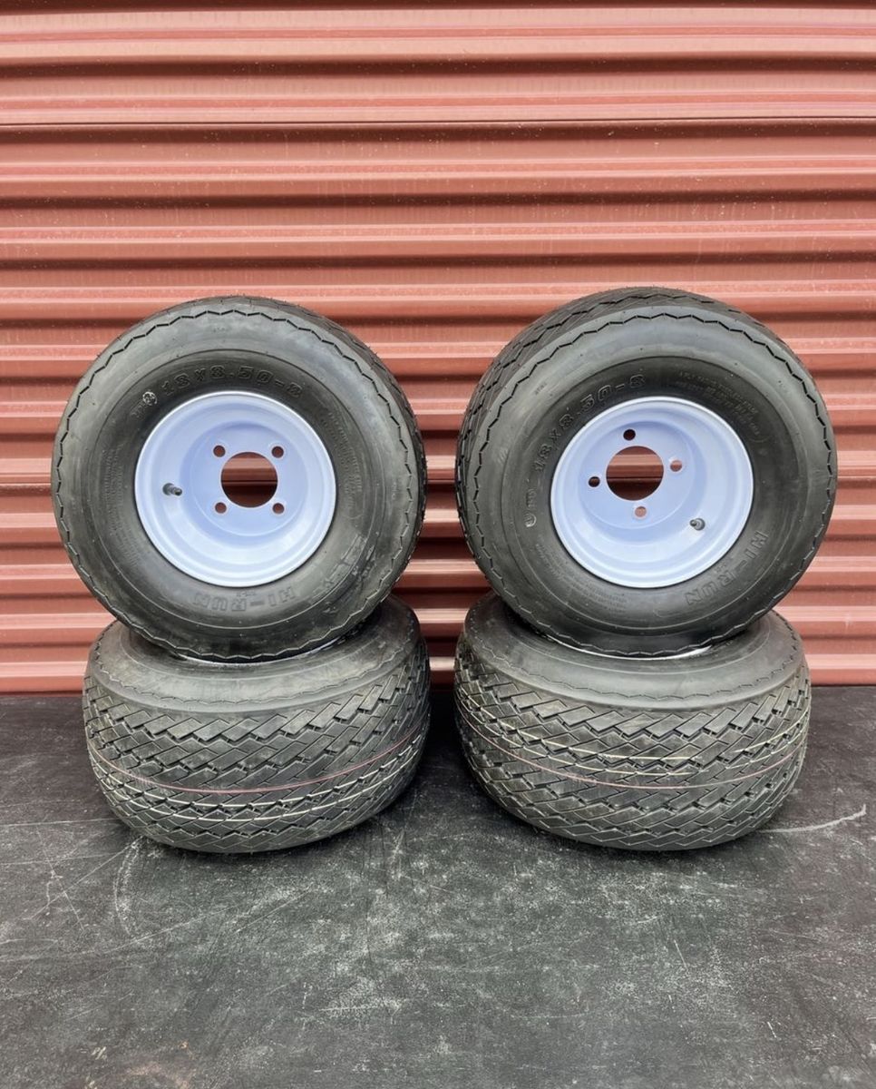 Brand New Set of 4 Hi Run 18 X 8.5 - 8 Golf Cart Tires Mounted on New White Wheels  $ 140.00  For Set of 4