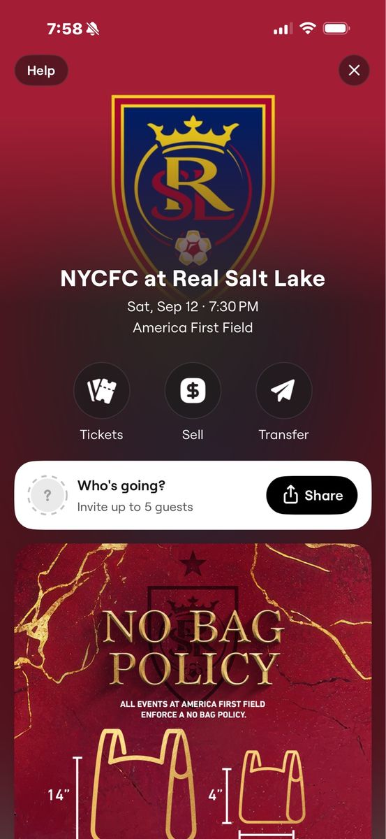 Real Salt Lake Vs NYCFC Tickets 9/12 @7:30pm