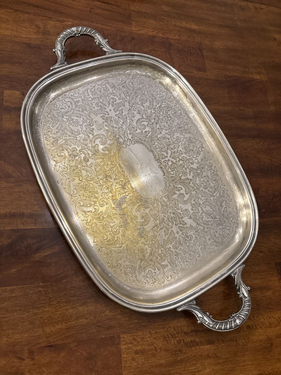 Vintage Silver Plated Serving Tray with Handles - Ornate Etched Floral Design