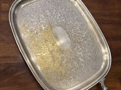 Vintage Silver Plated Serving Tray with Handles - Ornate Etched Floral Design