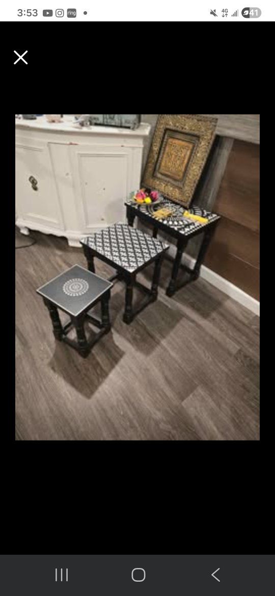Set of 3 Black & White Patterned End Tables/Accent Stools - Varying Sizes