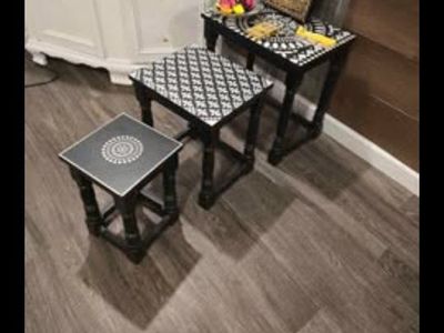 Set of 3 Black & White Patterned End Tables/Accent Stools - Varying Sizes