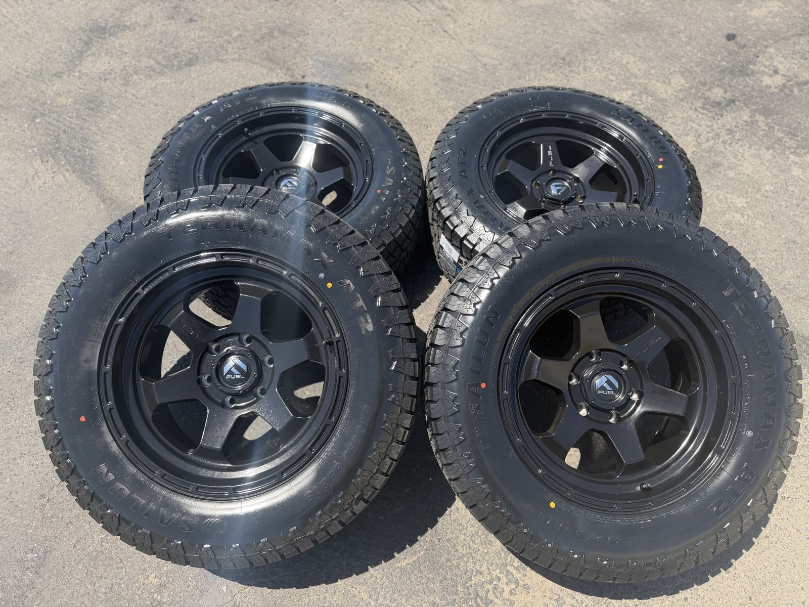 New LT275/65r18 Terramax AT2 Black Fuel Shock D664 6x5.5 Chevy Silverado 1500 GMC Sierra Tacoma Toyota Yukon Tahoe 3 peak rated