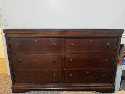 Large Wooden Dresser with 6 Drawers and Decorative Inlay Top
