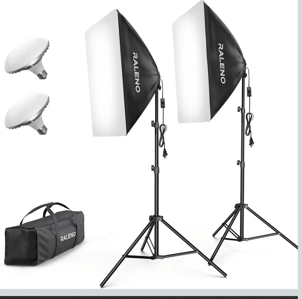 RALENO Professional Photography Softbox Lighting Kit (2) 20"x28" with 85W 5500K Bulbs & Stands Lantern