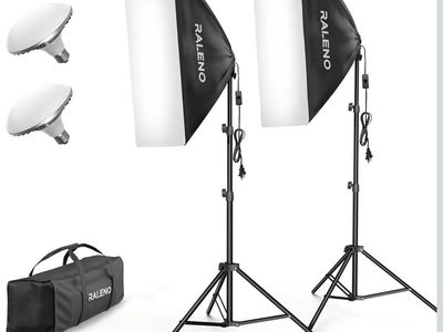 RALENO Professional Photography Softbox Lighting Kit (2) 20"x28" with 85W 5500K Bulbs & Stands Lantern