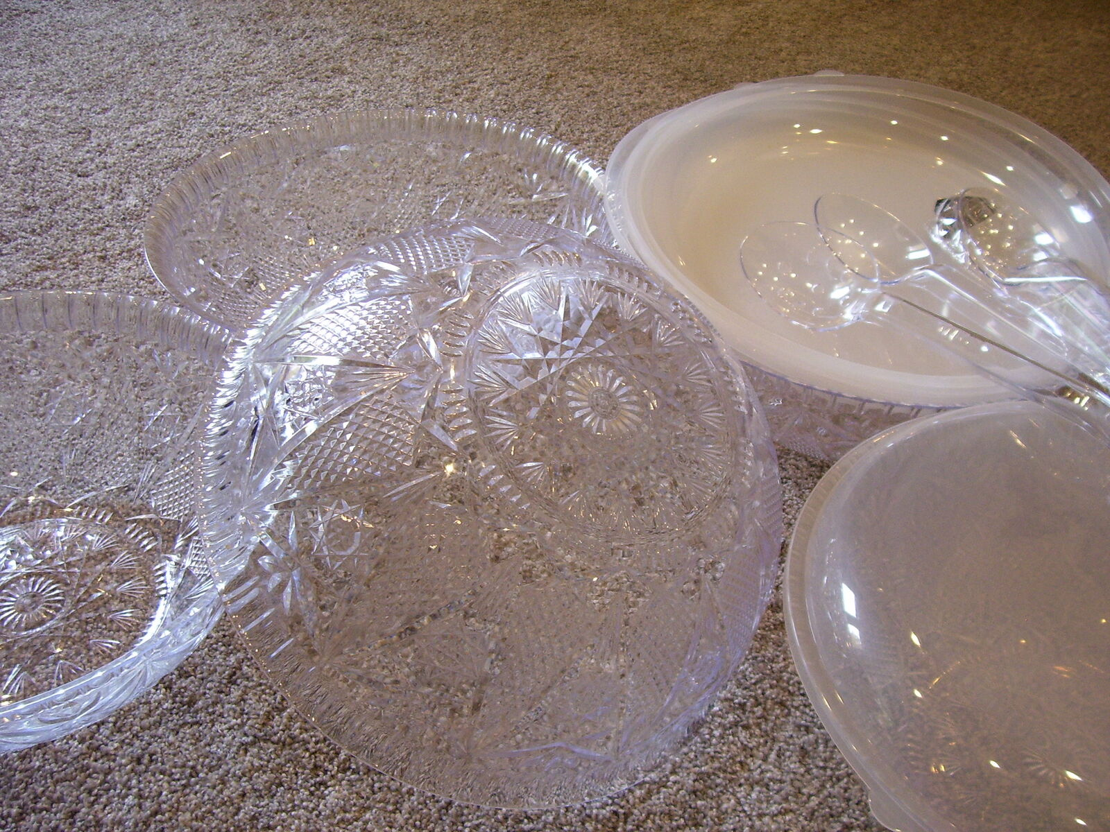 Large Serving Bowls with Lids and Spoons Plastic. Crystal Look