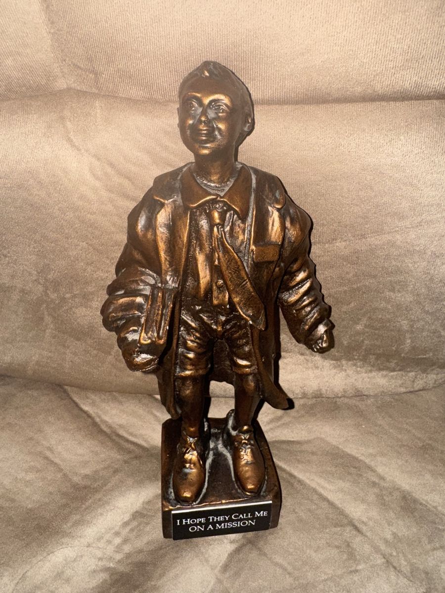 Vintage "I Hope They Call Me On A Mission" Boy Statue Bronze Finish Religious Decor