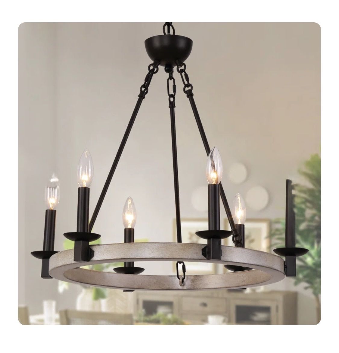 Farmhouse Wagon Wheel Chandelier 6-Light Rustic Wood and Black Metal