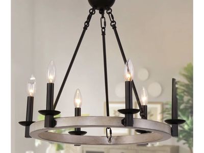 Farmhouse Wagon Wheel Chandelier 6-Light Rustic Wood and Black Metal