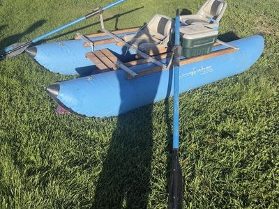Kingfisher Inflatable Pontoon Fishing Boat with Oars & Cooler, Blue